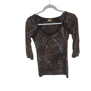 Vintage Y2K Brown Animal Print Daytrip Top 3/4 Sleeve Embellished Scoop‎ Neck